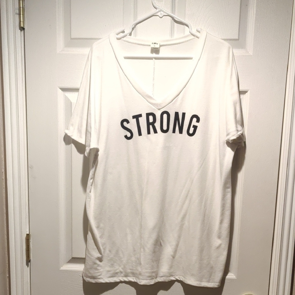 White V-Neck T-Shirt with 'STRONG' Print